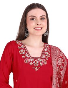 SAZU Red <b>Kurta</b> Set for <b>Women</b> with Embroidered Dupatta | Elegant 3 Piece Ethnic Wear Suit Set for Festivals, Parties & Weddings - Product Image 4