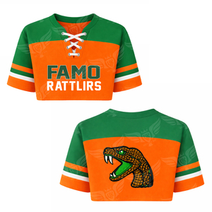 Sudadera Personalizada con Cuello en V de la Mascota Serpiente, Unisex, Naranja y Verde, con Rayas en Contraste, Logotipo de Reptil Bordado, Estilo Universitario Famu - Product Image 3