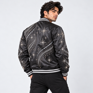 Chaqueta Premium de Satén con Pedrería para Hombre, Chaqueta Bomber con Diseño de Cristales Brillantes y Cuello Acanalado Cómodo para Uso Urbano - Product Image 4
