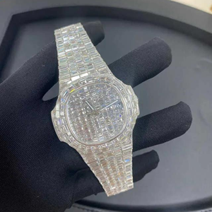 Montre-bracelet de luxe ronde pour homme, de haute qualité, style Hip Hop Bling, entièrement sertie de diamants de laboratoire, en argent et or, à mouvement quartz - Product Image 6