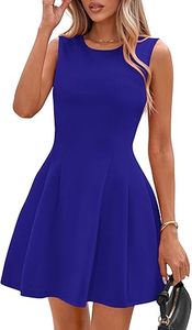 Robe mini sans manches à col rond, coupe trapèze, bleu uni, taille haute, ajustée, élégante, pour soirée, respirante, tricotée, décontractée - Product Image 5