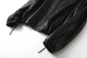 Veste en cuir PU respirante imprimée pour femme, fermeture éclair, col mandarin, vêtement d'extérieur tissé, tenue assortie pour couple, automne, noir - Product Image 6