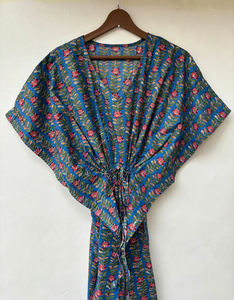 Nuevo Kaftán con Estampado Animal, Cuello en V, Cierre con Cordón, Manga Corta, Corte Ajustado, de Algodón Suave Indio, con Encaje, Largo Completo, para Mujer - Product Image 3