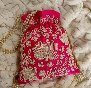 Zardosi Floral Embroidered <b>Red</b> <b>Silk</b> Potli Bag Pearl Beaded Handle Women Wedding Evening Clutch Bridal Purse Ethnic Party Handbag - Product Image 6