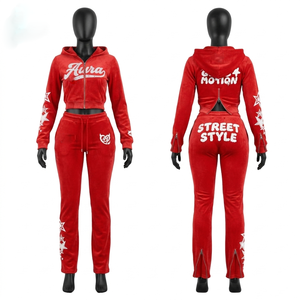 Women <b>velvet</b> velour hoodie legging set 300 GSM polyester spandex <b>red</b> star print screen print heat transfer custom Women's Sets - Product Image 1