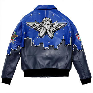 Chaqueta de Cuero PU Azul para Hombre, Estilo Bomber, con Estampado de Paisaje Urbano y Parches Bordados con Diseño de Estrellas, Chaqueta de Cuero de Invierno Resistente al Viento - Product Image 2