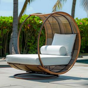 Round <b>Rattan</b> Lounger <b>Bed</b> Outdoor Daybed Wicker Sun Chair Patio Villa Poolside Seating - Product Image 1