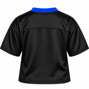 Zeta Phi Beta Cropped Football Jersey Women <b>Black</b> <b>Mesh</b> Royal Blue V-Neck 1920 Twill Applique Short <b>Sleeve</b> Sorority Crop <b>Top</b> - Product Image 2