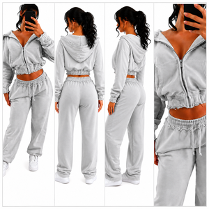 Ensemble sweat-shirt court à capuche gris zippé et pantalon long en molleton uni à manches longues pour femme grande taille, décontracté toutes saisons - Product Image 6