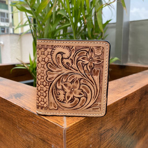 กระเป๋าสตางค์หนังแบบพับสองทบทรงพอดีตัวลายดอกไม้และเรขาคณิตกระเป๋าเงินคาวบอยหนังแท้แบบมินิมอลลิสต์ - Product Image 2