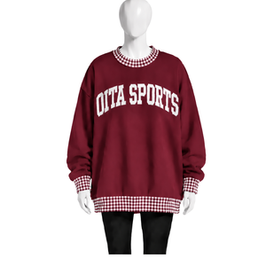 Mens <b>Maroon</b> Oversized Crewneck Sweatshirt With Gingham Checkered Trim Long Sleeve Graphic Print Pullover Casual Streetwear <b>Top</b> - Product Image 1