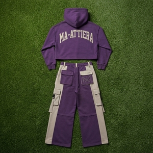Custom <b>Women</b> <b>Purple</b> Cropped Hoodie Cargo Jogger Set Cotton Fleece Streetwear <b>Tracksuit</b> OEM Wholesale - Product Image 5