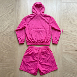 Men's Summer 2 Piece <b>Hooded</b> Jacket and Shorts Set Breathable Woven Activewear <b>Zip</b> Front Crinkled Windbreaker Training - Product Image 3