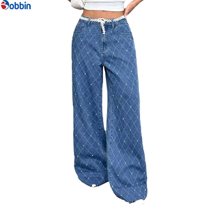 Vaqueros de mezclilla de pierna recta para mujer, personalizados, lavables, con decoración de perlas, de cintura baja, lavado arena, casuales, sencillos, para otoño/primavera - Product Image 6