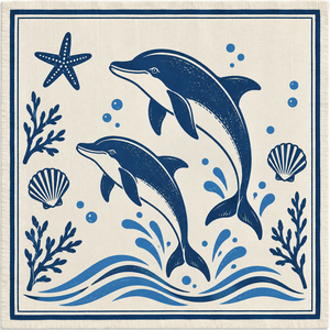 Serviette de table en coton imprimé de qualité supérieure avec motif dauphin et océan – Serviette de table sur le thème de la vie marine côtière avec étoiles de mer, coquillages et vagues - Product Image 2