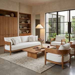 Teak Wood Living Room <b>Sofa</b> Solid Timber Upholstered 3 Seater Indoor Outdoor Couch Seating for Resort Villa Home Interiors - Product Image 1