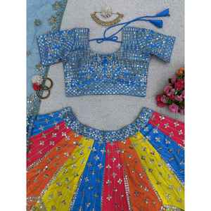 ดีไซเนอร์ MONO phentom silkprinted Jari sequence ทำงาน lehenga choli กับท้องฟ้า dupatta - Product Image 2