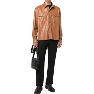 Men's Brown Leather Shirt Full Sleeve Turn-<b>down</b> Collar Casual Solid Color Autumn Style - Product Image 1