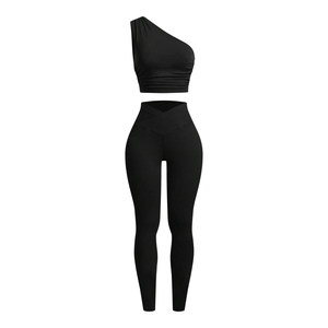 Ensemble de yoga sans couture avec logo personnalisé, 2 pièces : Leggings taille haute effet push-up et Crop Top, ensemble d'entraînement côtelé pour femme, vente en gros - Product Image 2