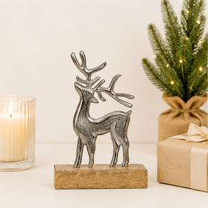 Personalized Metal Stag Christmas Ornament On Wooden Plinth Elegant Silver Deer Statue Centerpiece for Holiday Mantel <b>Decor</b> - Product Image 2