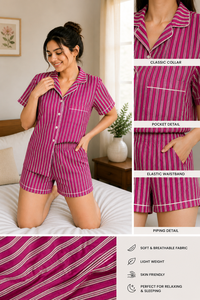 Women Cotton Stripe Nightwear Set Premium Hand Block Print Shorts Sleeves Shirt and Shorts Soft Summer Lounge Wear Pajamas - Product Image 6