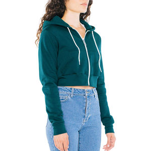 Women <b>Cropped</b> Hoodie Long Sleeve Solid Color Knitted Cotton Zipper-<b>Up</b> Autumn Wear - Product Image 3