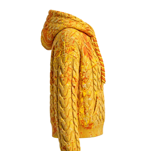 Sweat à capuche tricoté jaune-orange avec imprimé éclaboussures de peinture, cordons tressés, poche kangourou, poignets côtelés, style streetwear décontracté - Product Image 4