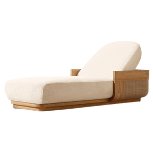Chaise longue-lit en bois de teck à panneau bas avec tressage moderne, lit de jour extérieur, style minimaliste, mobilier de plage et de piscine, personnalisable - Product Image 1