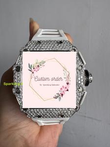 Montre mécanique de qualité supérieure semi-sertie de diamants, avec lunette en moissanite VVS, cadran carré et bracelet en cuir blanc - Product Image 2