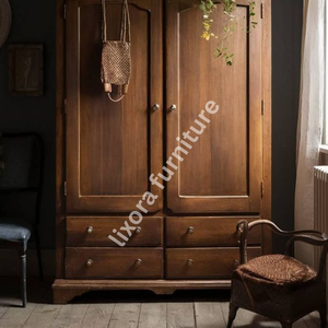 Luxury Handcrafted Solid Wood 2 <b>Door</b> Wardrobe with 4 Lower Drawers <b>Rustic</b> Finish Armoire - Product Image 2