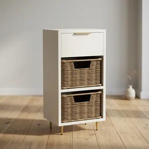 Armoire de rangement blanche moderne avec paniers tissés et poignée, design minimaliste pour salle de bain ou placard (panier en osier non inclus) - Product Image 2