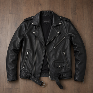 Blouson double zippé en cuir noir Kole, respirant, style vintage, coupe décontractée, col montant, pour homme, OEM, automne - Product Image 1