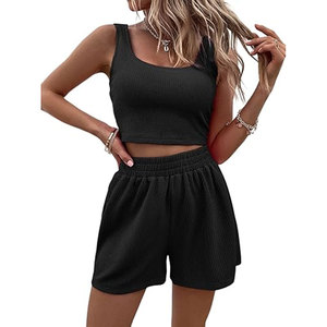 Unisex 2 Piece Ribbed Sleeveless Regular Top High Waist Shorts Set Solid <b>Black</b> Casual 100% Cotton Eco-Friendly Streetwear Spring - Product Image 1