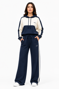 Ensemble de survêtement à capuche color block pour femme avec pantalon large à rayures latérales, logo personnalisé, vêtements en gros, coupe décontractée, hiver automne - Product Image 4