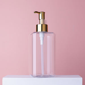 卸売 ラグジュアリー 透明 300ml 500ml PET角型プラスチックシャンプーボトル ゴールドポンプ付き - Product Image 2