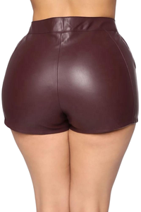 Women's QASWA SPORTS <b>Burgundy</b> Leather Mid-Rise Smart Casual Fitted <b>Short</b> Pants Elastic Waist Quick-Dry Anti-Wrinkle Solid Button - Product Image 5