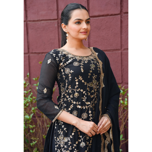 Elegant faux georgette embroidered salwar suit set with <b>sequins</b> work <b>top</b> palazzo dupatta stitched festive wear - Product Image 5