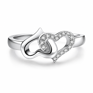 Twin Hearts Round Brilliant Cut Diamond Ring | White Gold Engagement Ring | Romantic Wedding Anniversary Fine Jewelry for Women - Product Image 1
