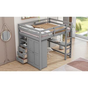 Letto a soppalco matrimoniale grigio con armadio integrato, scrivania, scaffali portaoggetti e cassetti - Legno - Product Image 5