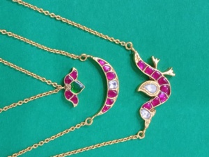 triple pendant <b>necklace</b> set with red talap in floral peacock and <b>half</b> <b>moon</b> design handmade gold plated design - Product Image 6