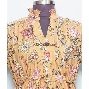 Robe Courte Femme 100% Coton Tricotée Col V Manches Courtes Taille Haute Coupe Évasée Imprimé Floral Numérique Lavable Respirante Style Bohème - Product Image 4