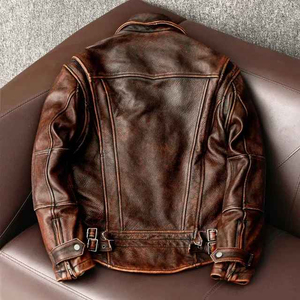 <b>Men's</b> <b>Brown</b> Genuine <b>Leather</b> <b>Jacket</b> Solid Front Turn-down Collar Windproof Zipper Closure Regular Fit Moto & Biker Autumn Wear - Product Image 2