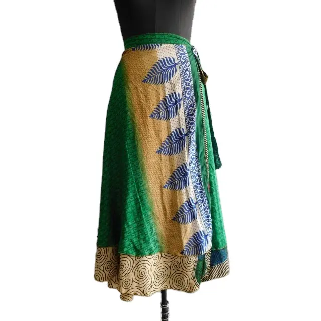 Multicolor Vintage 2 Layer Magic Wrap Silk Sari Skirt Indian Hand Block Floral Printed Women Belly Dance Skirt