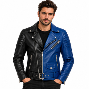 Chaqueta de Motociclista de Cuero Genuino para Hombre, Color Negro y Azul Sólido, Cierre de Cremallera, Cuello Camisero, Corte Ajustado, Manga Larga para Otoño - Product Image 3