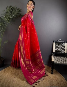 KV <b>Red</b> Women Kanjivaram Pure Soft Silk Saree With Unstitched <b>Blouse</b> - Product Image 4