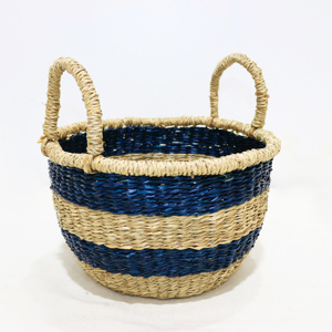 Panier de rangement rond moderne multifonction en jonc de mer rayé, tressé, écologique, fait main, avec poignées - Product Image 5