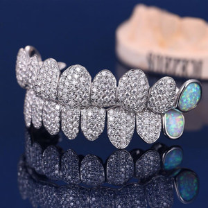 Custom Fit Pave Setting Grillz with Multi Colored Opal Moissanite and <b>Diamonds</b> 925 Sterling <b>Silver</b> Iced Out <b>Teeth</b> Jewelry - Product Image 3