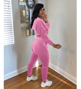 Custom Logo top quality women 2021 winter fashion velour two piece set long sleeve crop top zipper hoodie & velvet joggers - Product Image 4