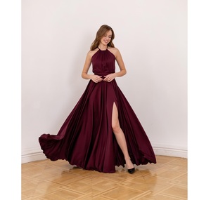 Robe élégante et romantique à col en V en satin de soie tissé, longue jusqu'au sol, sans manches, pour femmes |   Robe de soirée fluide à coupe trapèze et ourlet évasé, taille haute - Product Image 1