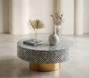 Round Bone Inlay Coffee <b>Table</b> <b>Resin</b> <b>Top</b> Wood Base Side <b>Table</b> Living Room Modern Home Furniture - Product Image 1